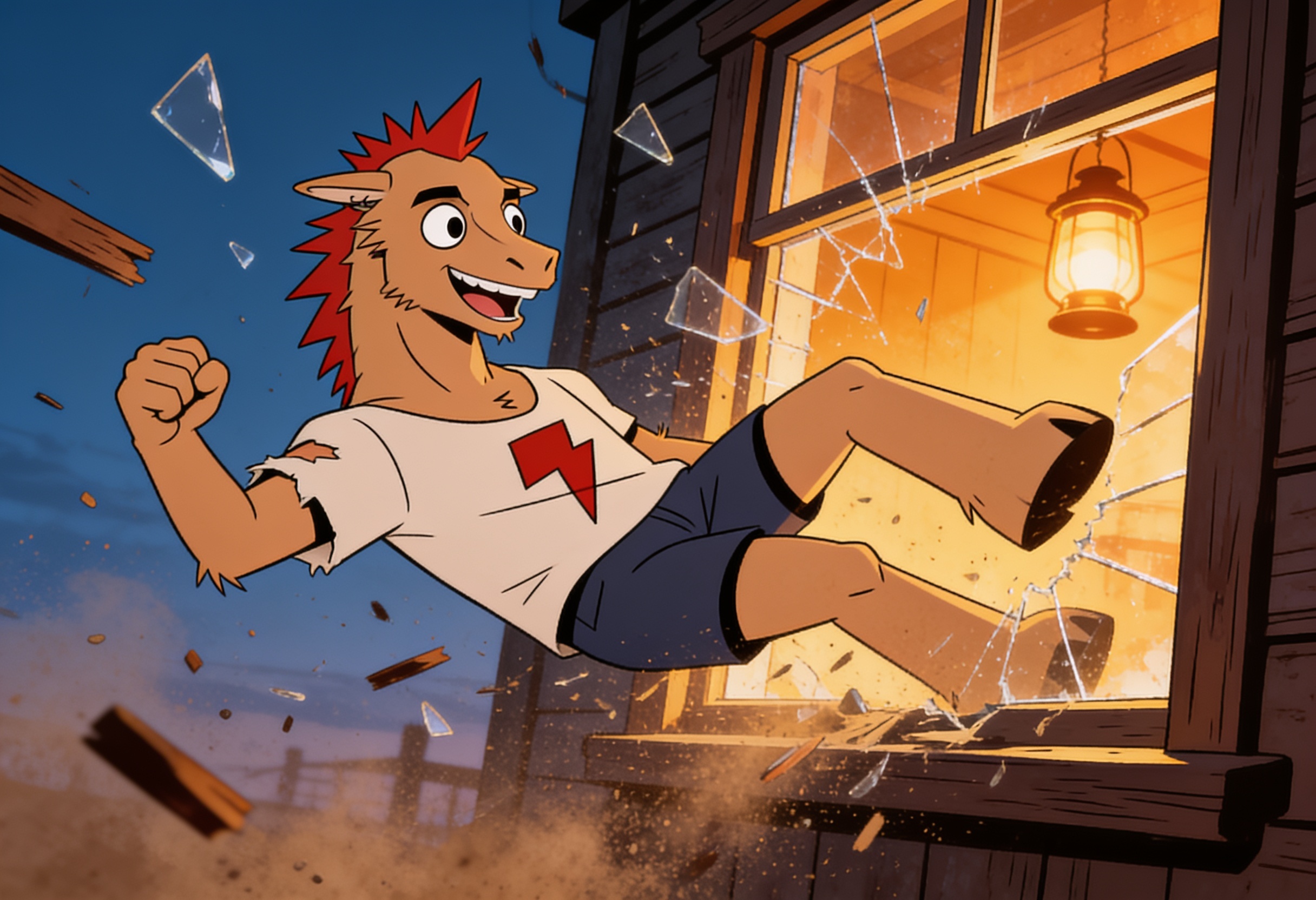 Gibs crashing through a window mid-brawl