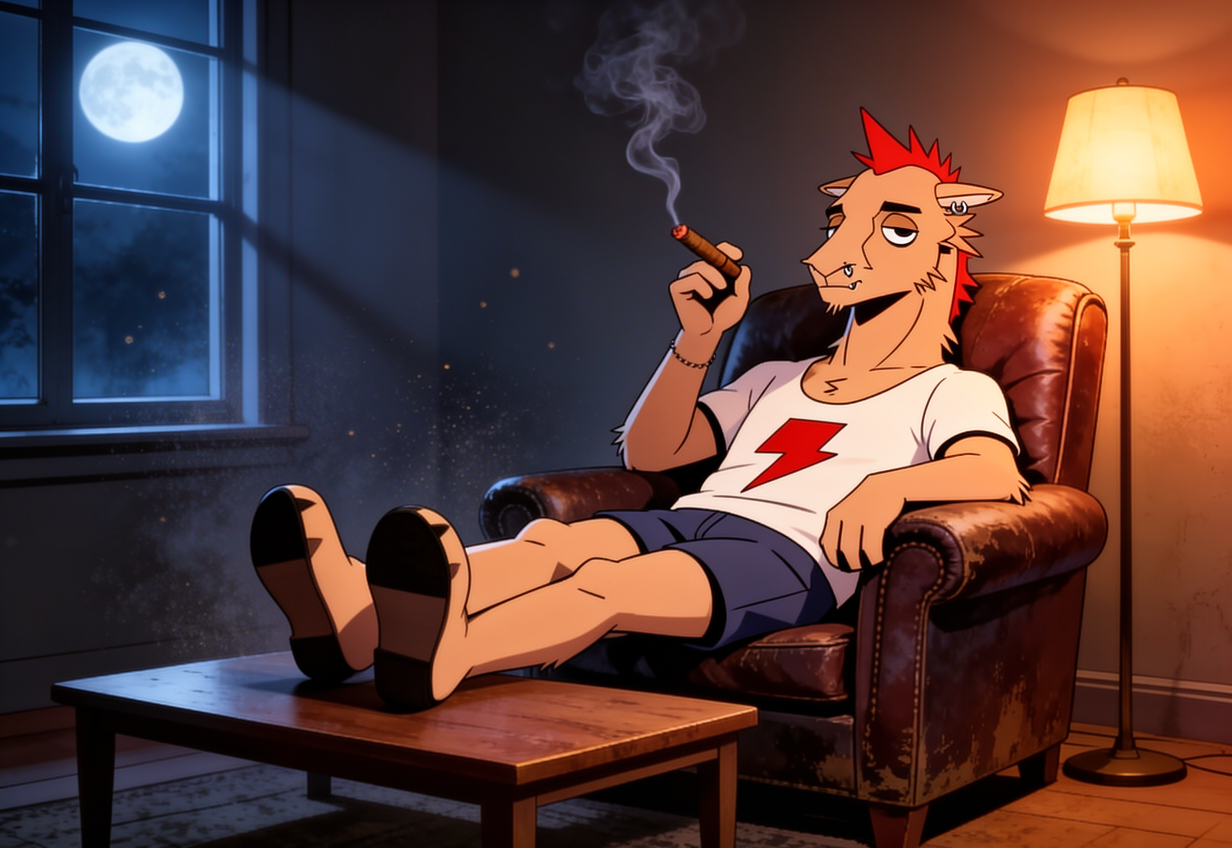 Gibs relaxing with a cigar under moonlight